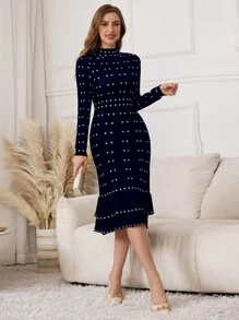 Modelyn Váy len thường ngày in họa tiết tay dài cổ đứng cho nữ - Xanh đậm - Xem 5