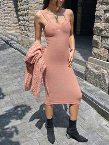 Chiquease Conjunto de 2 piezas con chaqueta corta y vestido de punto de tirantes para mujer, unicolor, para otoño/invierno