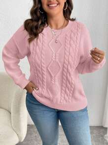Calvaya Plus Size Solid Color Round Neck Cable Knit Casual Pullover Sweater, For Winter Knit Pullover Fall - Pink - View 6