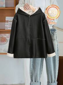 SHEIN 1 pieza Abrigo casual de colegio de color versátil, suave y cómodo, con forro térmico de piel sintética PU para adolescentes varones, ropa de vuelta al colegio para otoño e invierno