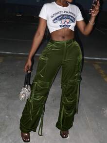 女士纯色多口袋天鹅绒工装裤