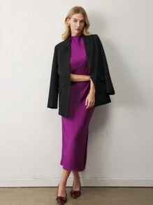 BizChic 女士紫色露背缎面连衣裙，都市通勤商务休闲优雅派对礼服，适合万圣节、圣诞节、派对 - 紫色 - 查看 4