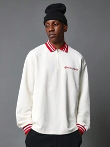SUMWON Regular Fit Textured Half Zip Long Sleeve Polo Shirt With Embroidery - White - View 2