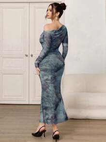 Modelyn Modisches batikfarbenes asymmetrisches Maxikleid mit gerafftem Kragen und Fischschwanzrock, Abendkleid für Frauen - Blau - Übersicht 8