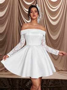 SHEIN Belle Elegancka luksusowa sukienka z odkrytymi ramionami, przezroczysta siateczka, długi rękaw, koronka i satyna, rozkloszowana, odpowiednia na wesele, wieczór panieński, święta, bal, bankiet, prezent dla panny młodej, sukienkę na wieczór panieński