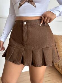 SHEIN EZwear 大码棕色修身牛仔迷你裙，休闲 - 棕色 - 查看 3