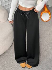 SHEIN EZwear Quần lót giữ nhiệt dày dặn có dây rút màu trơn cho nữ, hàng mới về mùa thu/đông - màu đen - Xem 2