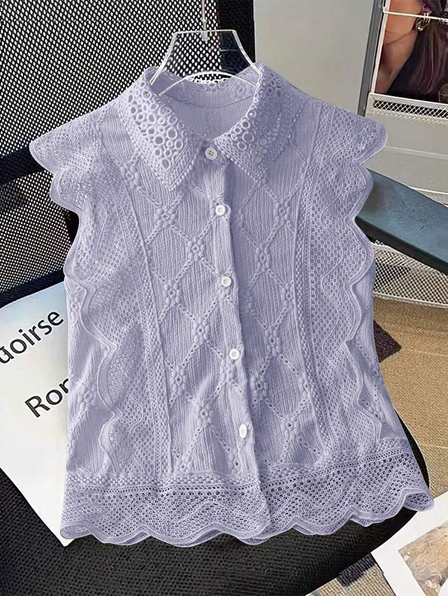 Chiquease Áo sơ mi ren đính đá tối giản thanh lịch quyến rũ cho nữ đi làm, dành cho mùa hè - Màu tím - Xem 1