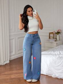 SHEIN EZwear Quần Jeans Thường Ngày Có Túi Cài Nút Phía Trước Cho Nữ - Màu xanh lam - Xem 4