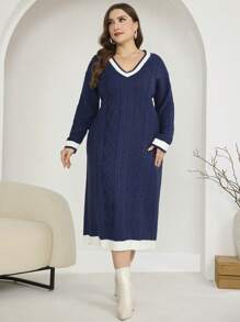 Mulvari Plus Size Women Contrast Trim V-Neck Plus Size Cable Knit Sweater Dress - Navy Blue - View 6