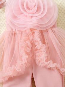 SHEIN 女婴 3D 花卉荷叶边优雅时尚休闲连体裤，玫瑰红色，秋冬