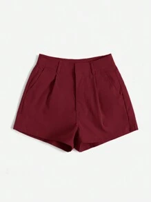 SHEIN Essnce Quần short dệt xếp ly rộng rãi màu trơn cho nữ - Màu Đỏ Sâu - Xem 3