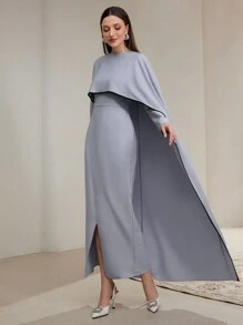 Modelyn Women's Solid Color Round Neck Poncho Splicing Slit Hem Elegant Dress Long Evening Dresses