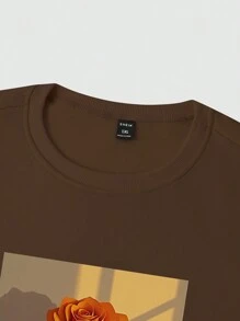 Manfinity Homme Áo nỉ chui đầu cổ tròn in hoa cỡ lớn cho nam tay dài họa tiết kỳ nghỉ hoa hồng, quà tặng cho bạn bè, chồng, bạn trai - Cà phê nâu - Xem 4