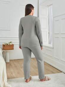EURMUSE 100% Cotton 2Pcs Plus Size Injection Slogan Printed With Contrast Stitching Detail PJ Set - Grey - View 2