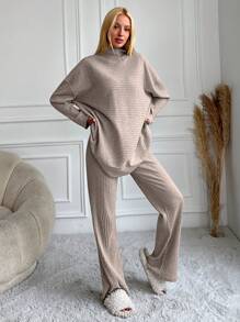 EURMUSE Cotton Women's Drop Shoulder Ribbed Long Sleeve T-Shirt And Pants Set Lounge Brown Autumn Casual - Beige - View 4
