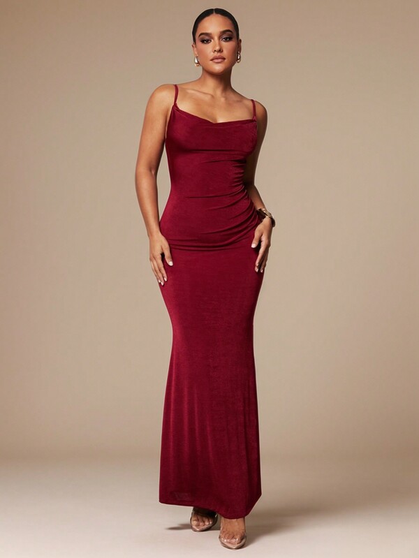 Silquee Damen Herbst und Winter einfach und elegant einfarbiges rotes burgunderrotes asymmetrisches schräg geschultertes ballonärmelliges langes rückenfreies Kleid mit Spitzensaum. Geeignet für Cocktailpartys, romantische Dates, Herbst- und Winter-Unterziehkleider, Partys, festliche Anlässe, Brautjungfernkleider, Abendkleider, Halloween-Kleider, Weihnachtskleider, Thanksgiving-Kleider, Silvesteroutfits, Thanksgiving, Silvester-Outfit, Abendkleid, Silvester, Festtagsoutfits, Silvesterkleid