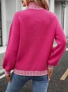 SHEIN LUNE Femmes pull décontracté rose fuchsia à manches longues avec blocs de couleurs pour l'automne/l'hiver - Rose vif - Voir 4