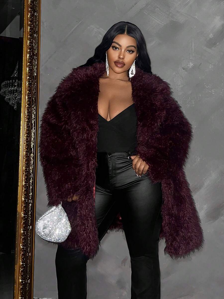 Maweii 冬季大码女式纯色长袖前开蓬松保暖外套