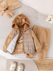 3 pezzi/set neonato/bambina cachi modello cartone animato scollo rotondo felpa, elastico in vita pantaloni spessi, gilet in pile giacca 3 pezzi vestito, adatto per autunno e inverno all'aperto, sci - Multicolore - Visualizzare 9