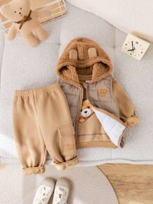 3 pezzi/set neonato/bambina cachi modello cartone animato scollo rotondo felpa, elastico in vita pantaloni spessi, gilet in pile giacca 3 pezzi vestito, adatto per autunno e inverno all'aperto, sci - Multicolore - Visualizzare 12