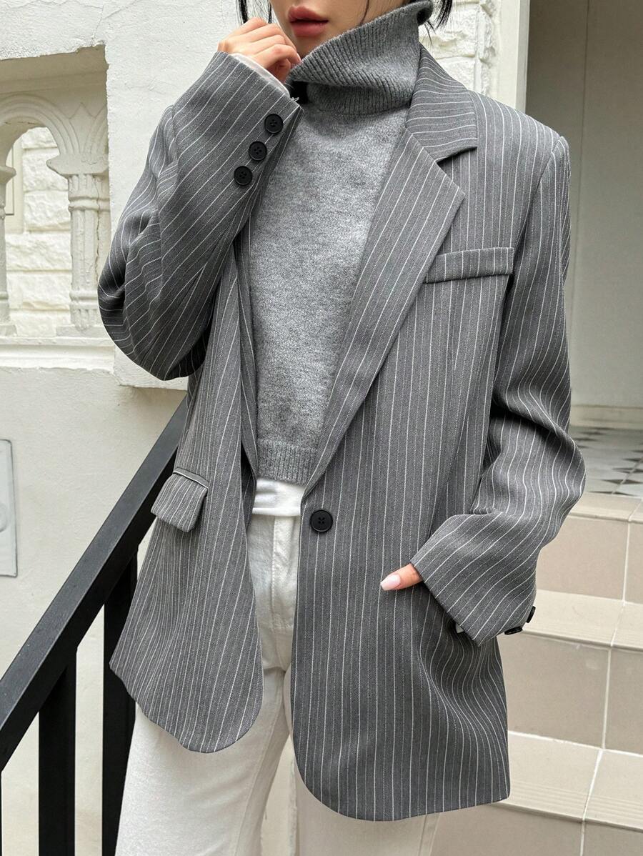 DAZY Women Front Button Lapel Collar Long Sleeve Faux Pocket Minimalist Casual Loose Striped Blazer,Fall Clothes Business Attire - Grey - View 1