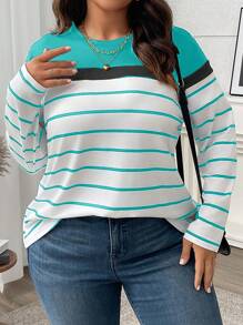 EMERY ROSE Plus Size Casual Color Block Striped Long Sleeve T-Shirt, Autumn Graphic Tees Women Tops For Spring Fall For Women - Multicolor - View 5