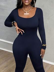 Slaydiva Women Solid Color Casual Fitted Jumpsuit, Autumn - Blue - View 4