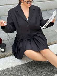 Flirla Plus Size Suit Collar Placket Pleated Skirt 2 Pieces Set Workwear & Date Outfit, Black Fall Cloth For Women - Black - View 8