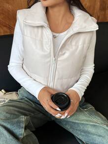 Muchica Men's Solid Color Front Zipper Sleeveless Minimalist Casual Padded Coat - Beige - View 6