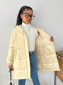 SHEIN Tween Girls Casual Hooded Mid-Length Thick Warm Jacket, Autumn/Winter - Pink - View 1