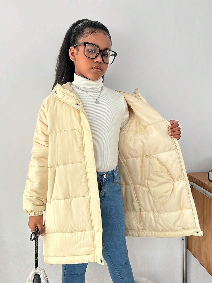 SHEIN Tween Girls Casual Hooded Mid-Length Thick Warm Jacket, Autumn/Winter - Pink - View 1
