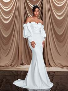 Glamrae Robe élégante de luxe à épaules dénudées avec manches bouffantes florales 3D, robe en satin élastique boutonnée à volants avec traîne, adaptée pour mariage, fête, bal de fin d'année, vacances