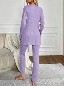 RueChic Letter Printed Ribbed Knit Lounge Wear Set - Lilac Purple - View 2