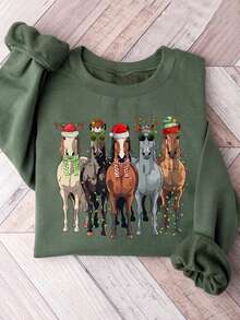 INAWLY 圣诞马运动衫、西部圣诞马衬衫、女士圣诞运动衫、趣味圣诞衬衫、马爱好者礼物、女士节日运动衫圆领长袖羊毛女士印花运动衫 - 軍綠色 - 查看 3