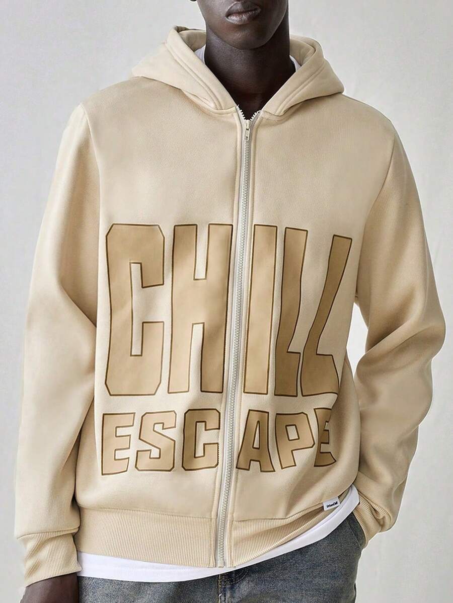 Manfinity VCAY Men English Text Graphic Open Front Casual Loose Hooded Sweatshirt, Fashion Everyday Young Style, For Fall Winter - Apricot - View 1