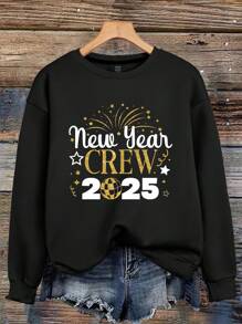 Chiquease Sudadera para mujer, estampado gráfico con lema Año Nuevo CREW 2025, cuello redondo, manga corta, sudadera informal con estampado