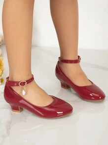 New Round Toe Kids Girls Rhinestone Decor High Heel Princess Shoes, Comfortable & Adorable Glossy Pumps - Red - View 4