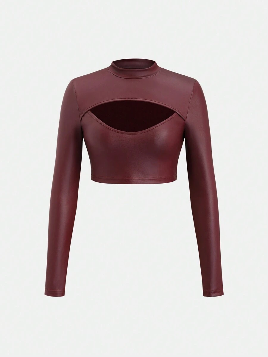 SHEIN Unity Femmes Top à manches longues col en V en tissu enduit bordeaux - Rouge foncé - Voir 1