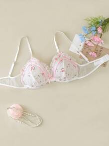 Floral Print, Bow Accent, Ruffle Trim Cute & Sweet Women Lingerie Bra