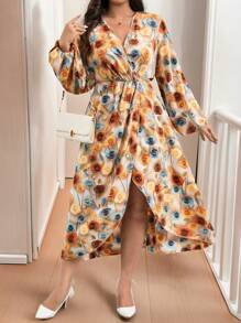 Celure Vestido envolvente con estampado floral 3D talla grande elegante