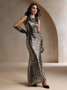 Anewsta Elegant Wave Pattern Beaded Women Long Dress, Spring/Autumn For Holiday Party Clothes Maxi Sequin Women Outfit