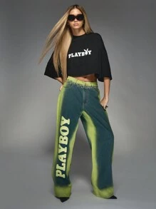 Missguided x Playboy 超大落肩短款徽标印花 T 恤，喇叭袖，带有醒目的图形设计，休闲街头服饰秋冬 - 黑色 - 查看 5