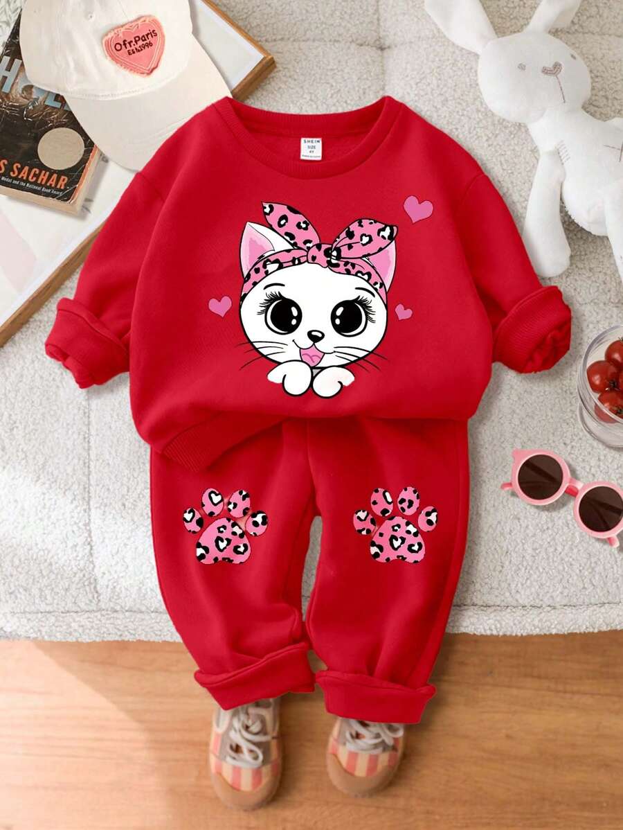 SHEIN Leap Crew Bộ 2 món áo nỉ chui đầu mềm mại và quần dài dáng rộng cho bé gái, phù hợp cho mùa thu/đông - Đỏ - Xem 1