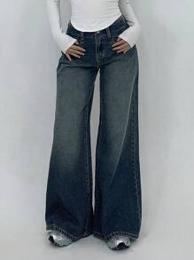 DAZY Dames Voorkant Knoop Lage Taille Flare Leg Jeans Broek, Casual Dagelijkse Kleding