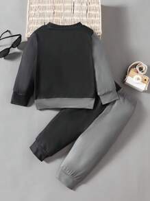 Ensemble 2 pièces décontracté d'automne pour bébé garçon, Sweat-shirt-shirt à manches longues avec motif couronne dégradé KING et pantalon de jogging. Streetwear sportif - Noir - Voir 2