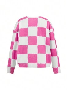 Blue Violet Artist Y2K Style Checkerboard Printed Sweater For Women, Holiday, Vacation, Festival, Ibiza Fits - Pink - View 2