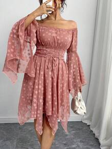 Chiquease 女士露肩长袖前系带全印花休闲迷你连衣裙 - 乾枯玫瑰色 - 查看 3