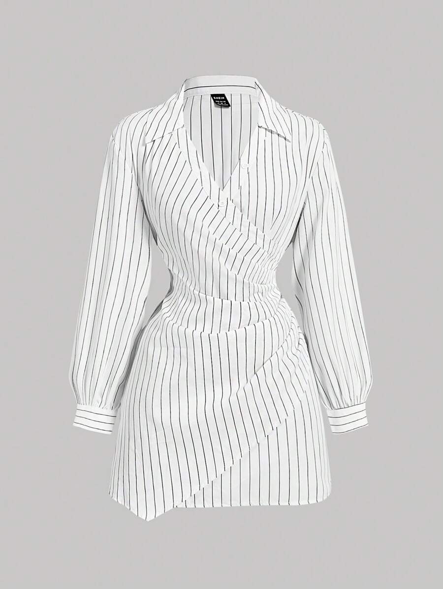 SHEIN MOD Plus Size Black White Stripe Print Cross-Wrap Ruffle Long Sleeve Women Dress,Business Women Clothes,Beach Women Outfits,Graduation Dress