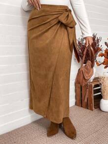 SHEIN VCAY Váy nơ buộc nơ bằng da lộn kaki cỡ lớn, váy phong cách boho phương Tây giản dị cho mùa thu/đông - Màu Khaki - Xem 5